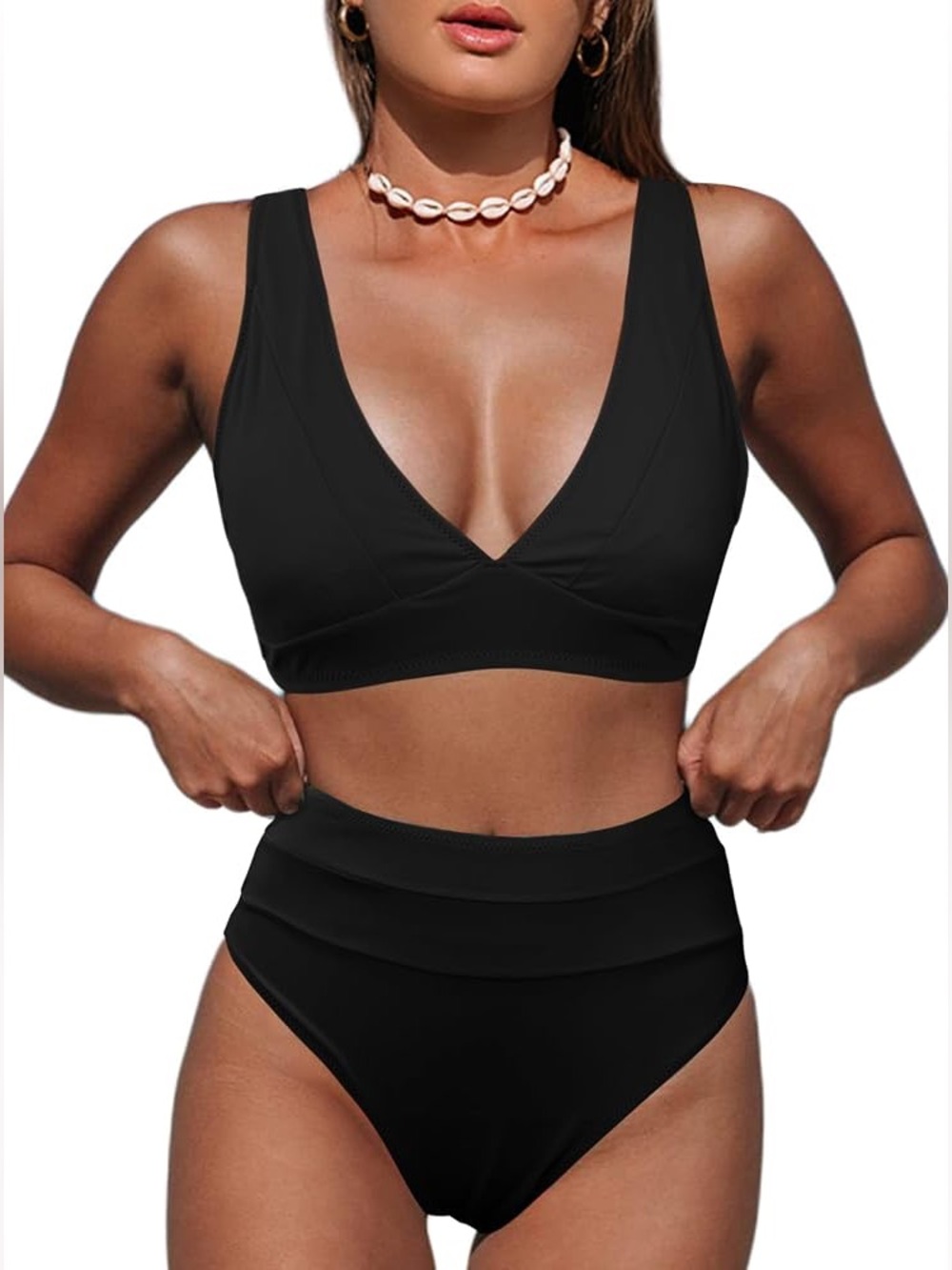 Black V-Neck High-Waist Bikini Set - Women Swim